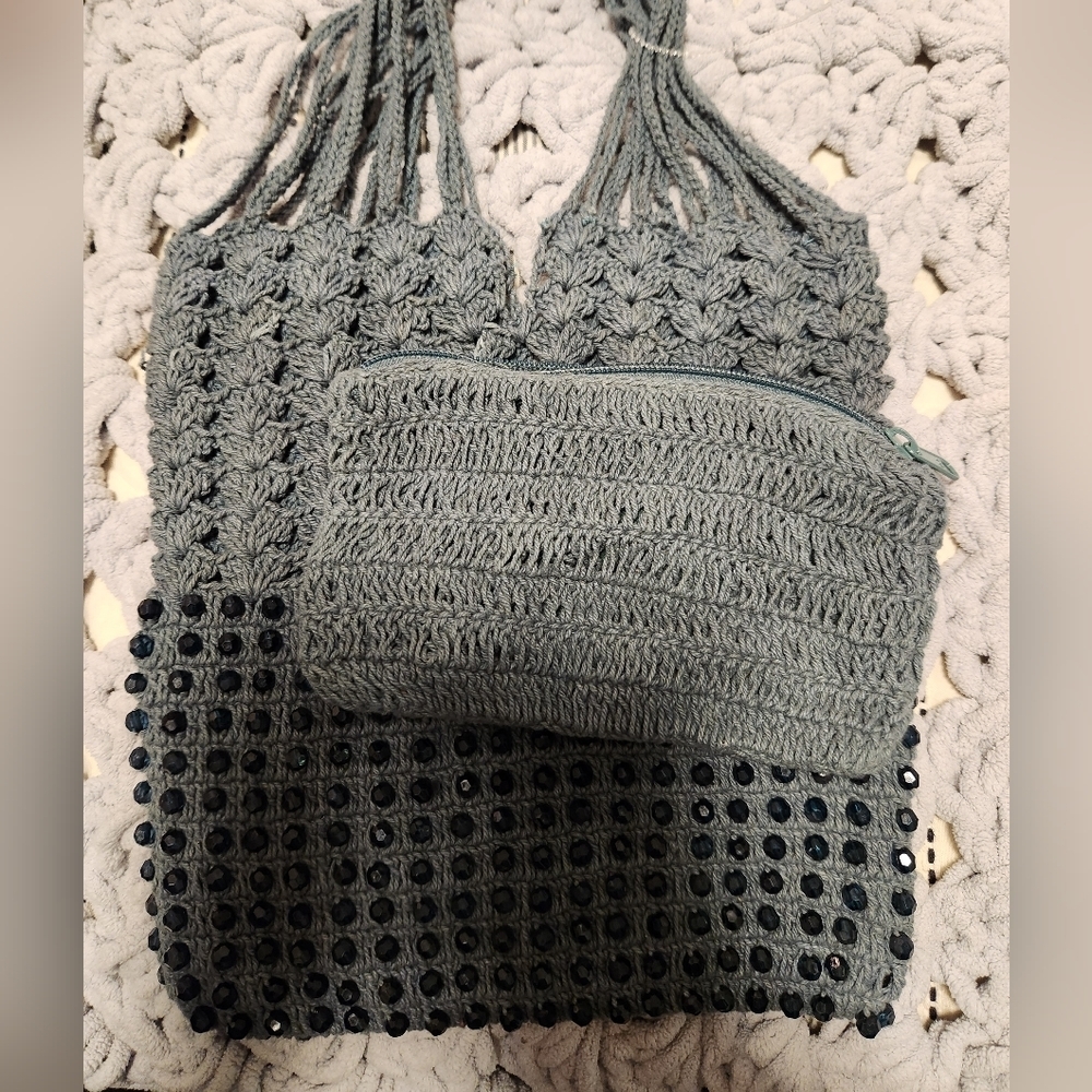 Nwot Free people studded Drawstring crochet bag with extra pouch - Picture 6 of 15